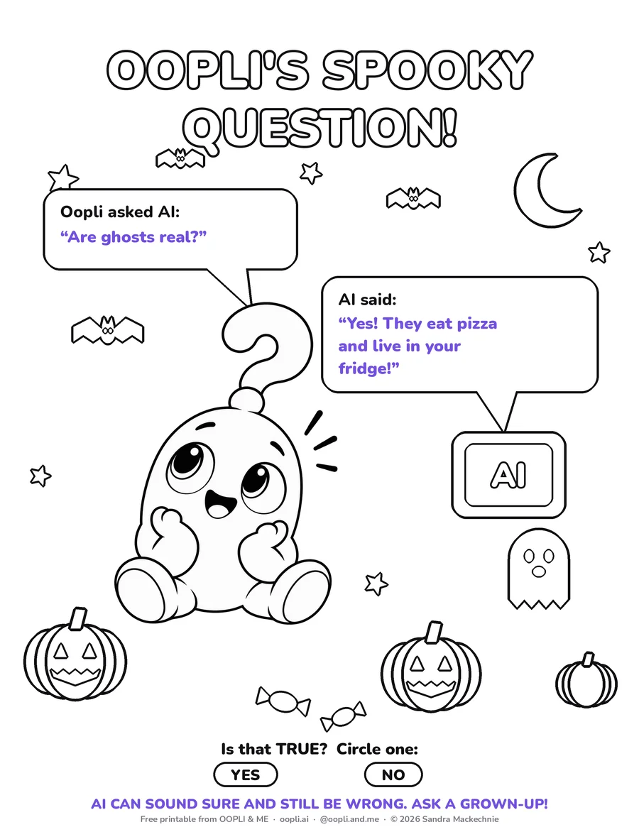 Oopli's Spooky Question colouring page: Oopli asks AI if ghosts are real, and AI says they eat pizza and live in the fridge